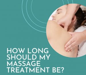 A graphic of a woman getting massage therapy with the text "How Long Should My Massage Treatment Be"?