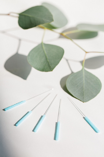 Acupuncture needles placed on a white surface with leaves, representing ear seeding and auricular acupuncture.